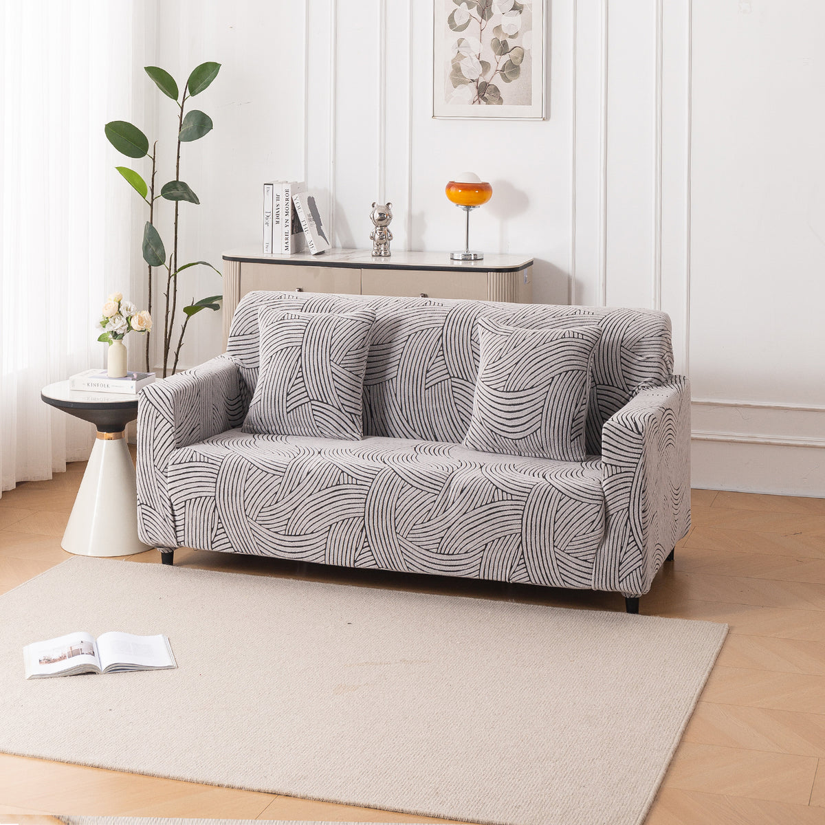 Buy classic white colour waveline series jacquard 2 seater sofa cover​s | HOKIPO