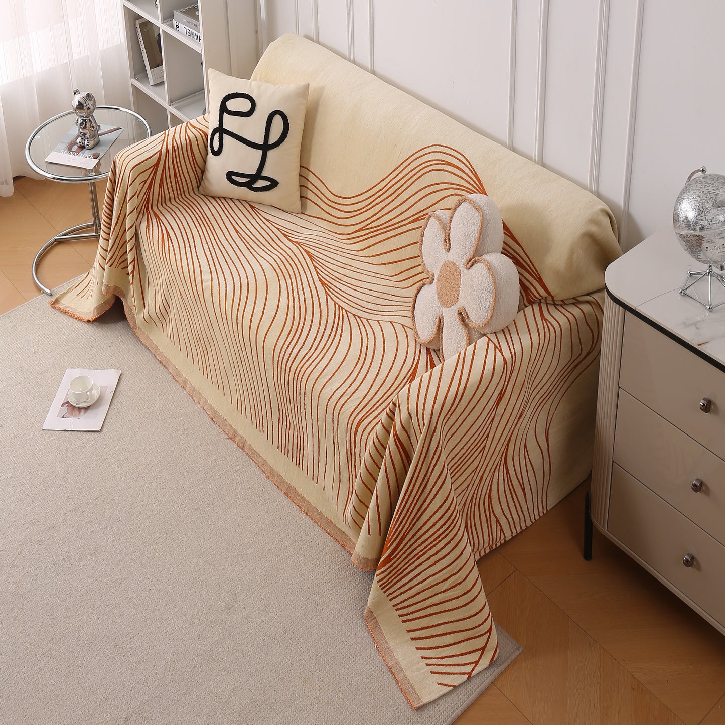 WaveLoom Collection Printed Chenille Sofa Cover Throw, Orange