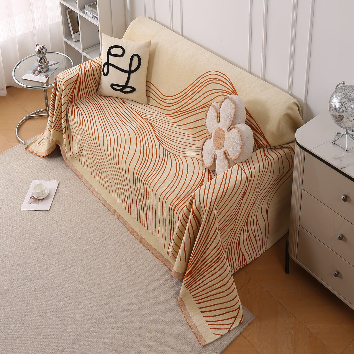 WaveLoom Collection Printed Chenille Sofa Cover Throw, Orange