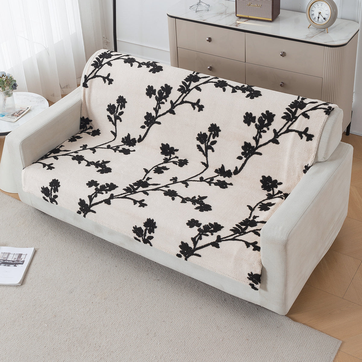 'Noirea Series' Plush Sofa Cover for Seat & Back, Botanical Vine