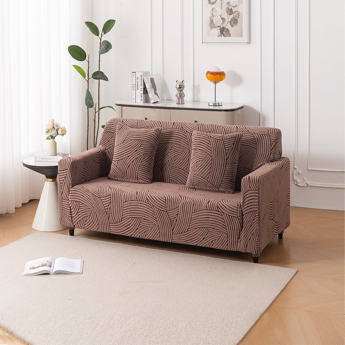 Buy rust brown colour waveline series jacquard 2 seater sofa cover​s