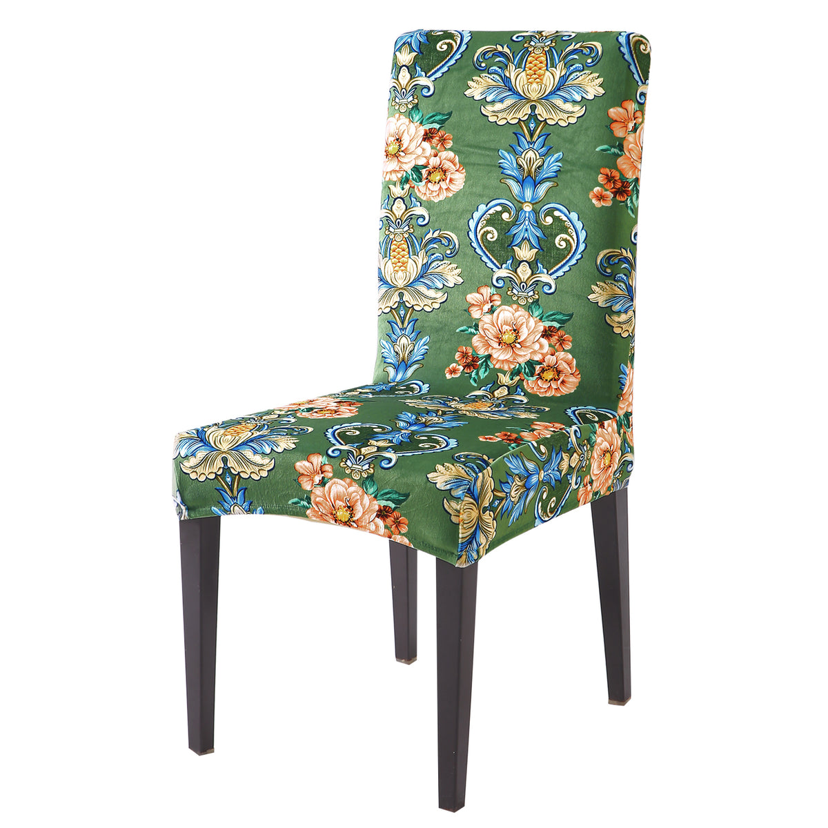 Premium Printed Velvet Dining Chair Cover Set, Green Victorian Garden