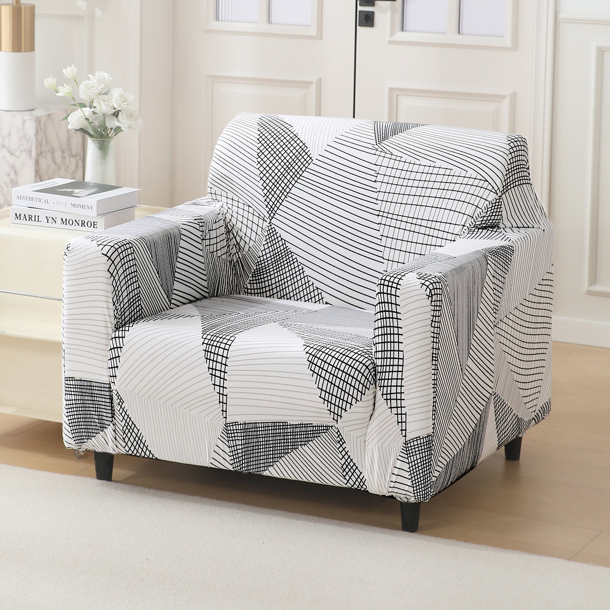 Snow White Black Geometry non slip elastic 1 seater sofa cover​
