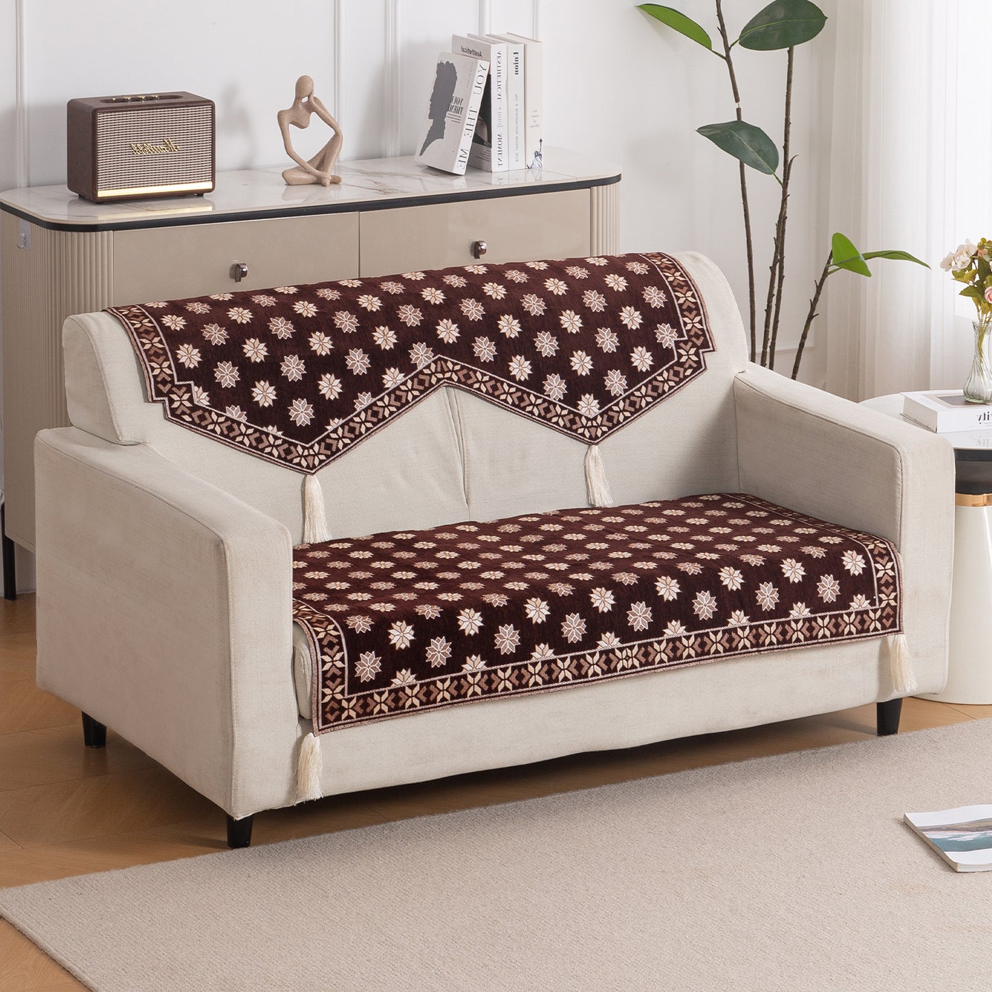 Heritage Weave Premium Jacquard Sofa Cover Set with Tassels - Coffee Brown