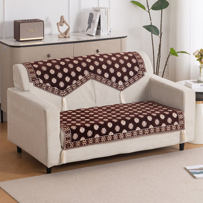 Heritage Weave Premium Jacquard Sofa Cover Set with Tassels - Coffee Brown
