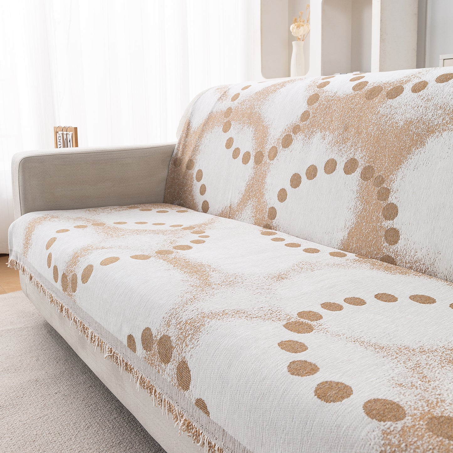 Premium 320 GSM Chenille Sofa Cover 'Serene Abode Series', Latte Dotted Wave