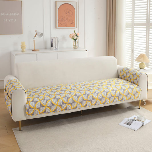Quilted Sofa Seat Mat with Two Armrest Covers with Pockets for 1/2/3 Seater Sofa, Windmill Cyber Yellow