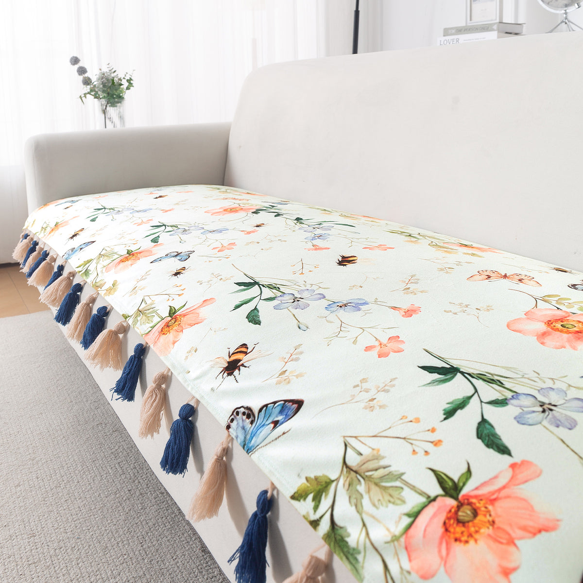 'Whispers of Nature' Series Holland Velvet Sofa Mat with Tassel, Pastel Butterfly Meadow