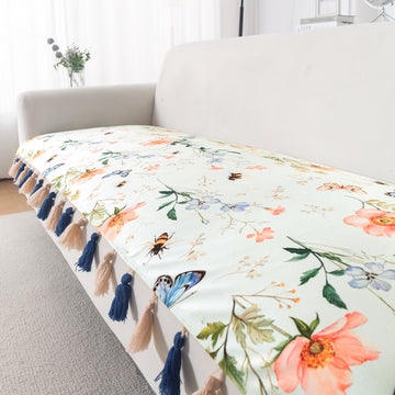 'Whispers of Nature' Series Holland Velvet Sofa Mat with Tassel, Pastel Butterfly Meadow