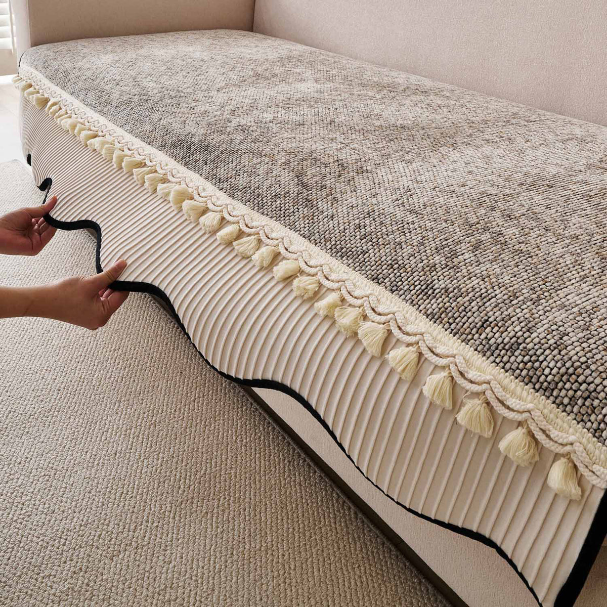'Wavy Royale Series' Thick Woven Weave Chenille Sofa Cover with Tassel, Taupe Mist