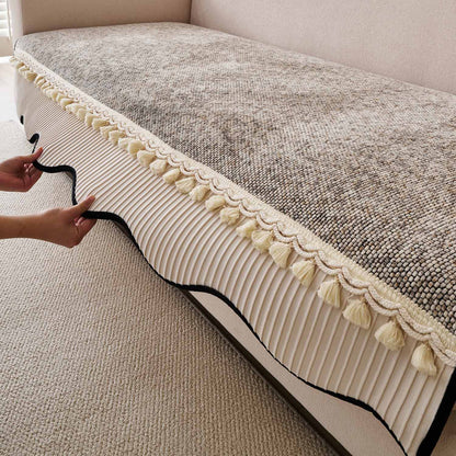 'Wavy Royale Series' Thick Woven Weave Chenille Sofa Cover with Tassel, Taupe Mist