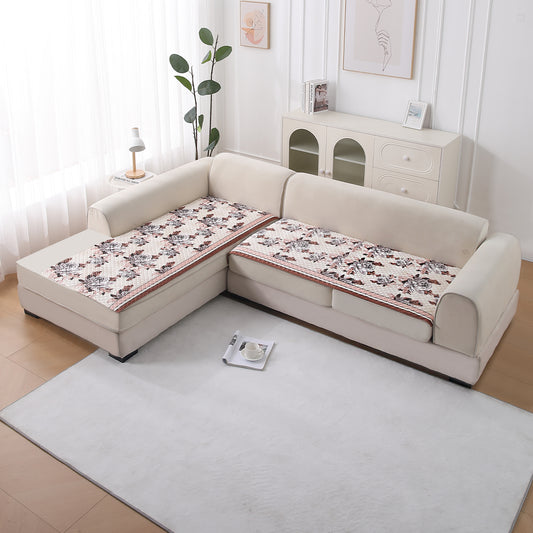 LiefNest Printed Holland Velvet L Shape Sofa Seat Mat with Foam Filling - Chrysanthemum Bloom Soft Beige