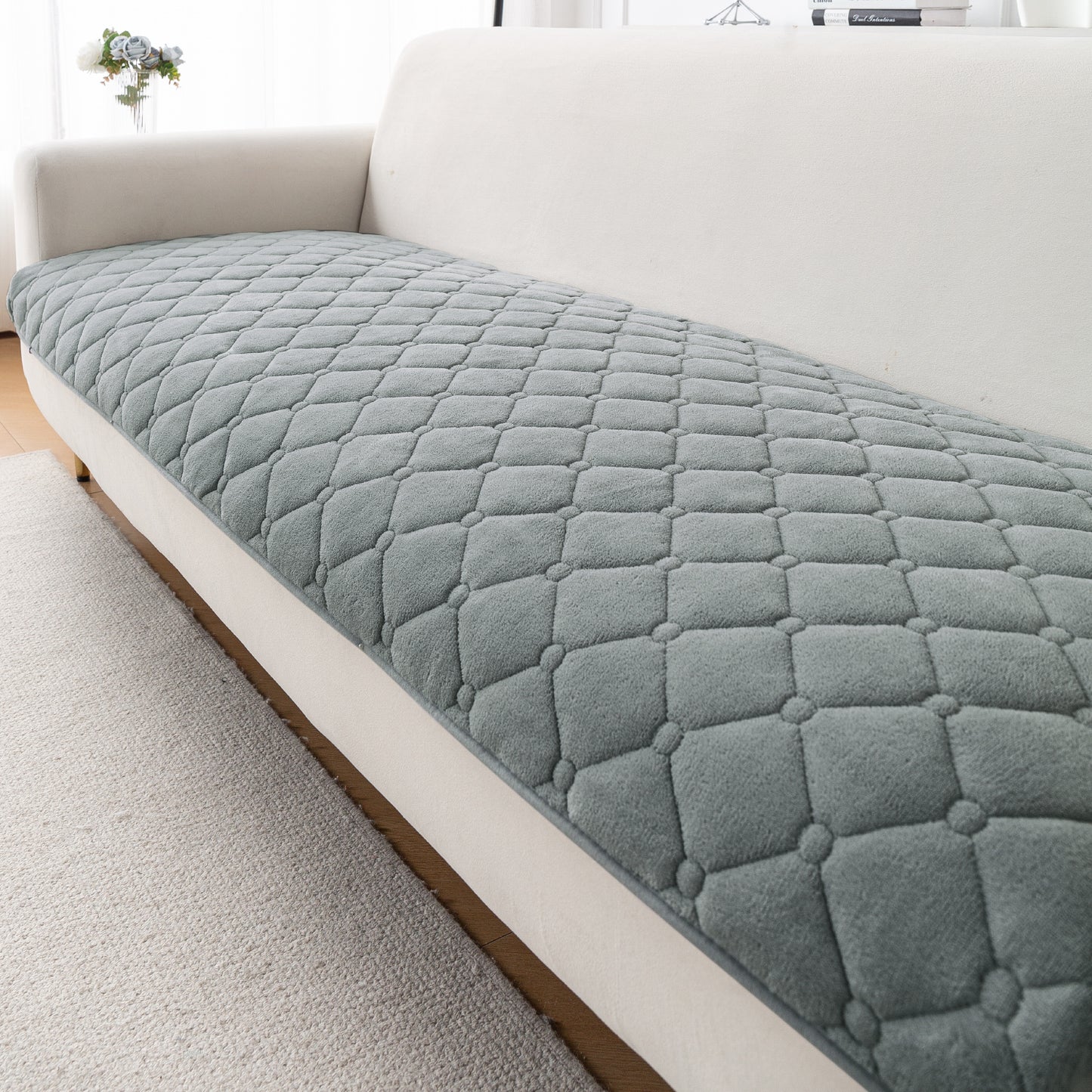 Diamond Tuft Plush Sofa Cover Mat, Stone Grey