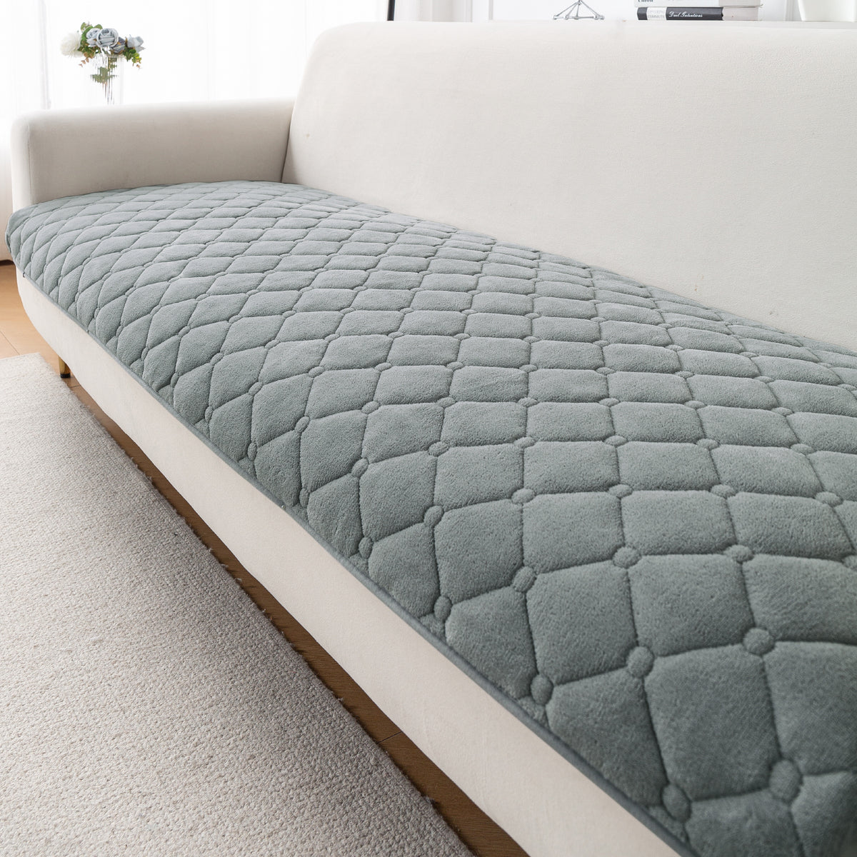 Diamond Tuft Plush Sofa Cover Mat, Stone Grey