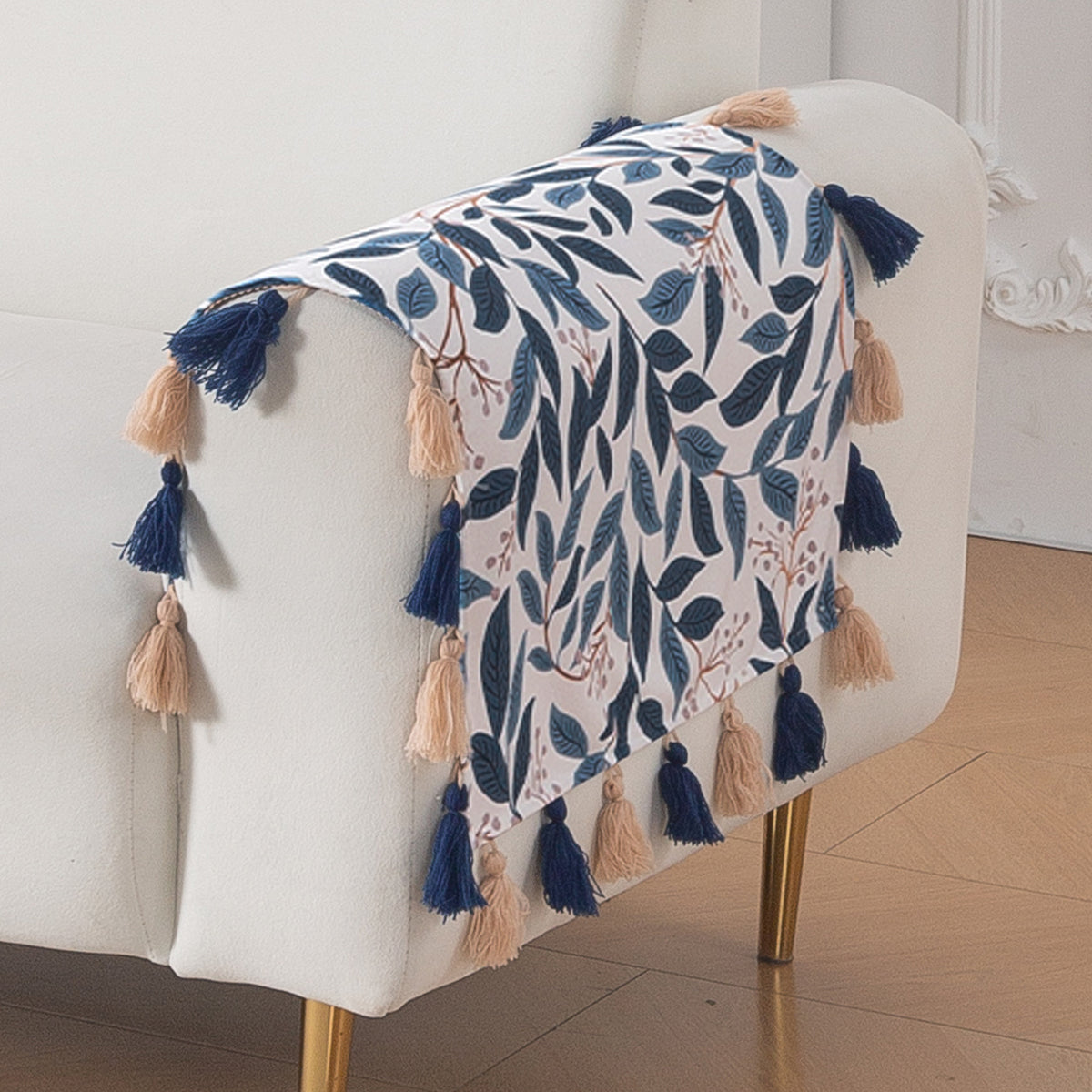 'Whispers of Nature' Series Holland Velvet Sofa Cover with Tassel, Indigo Foliage