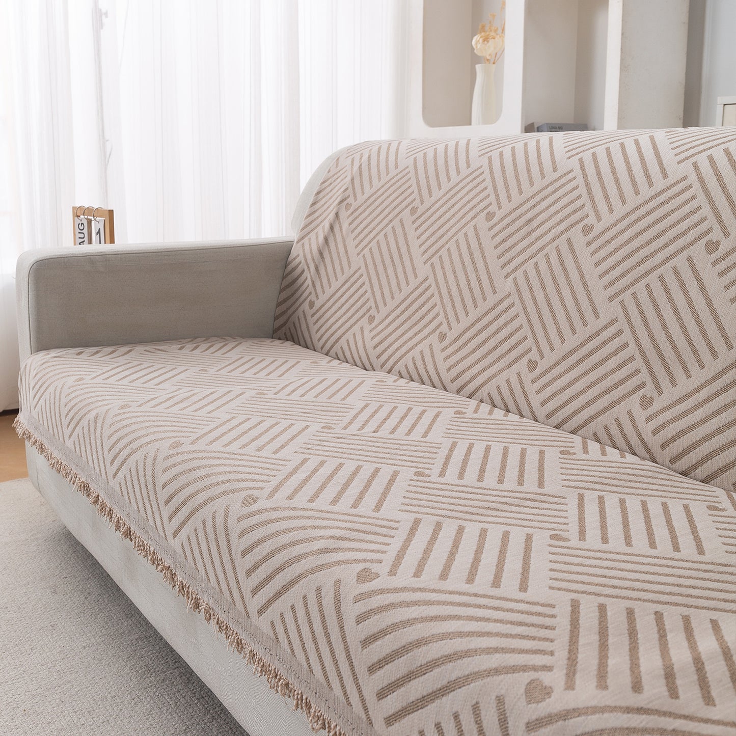 Premium 320 GSM Chenille Sofa Cover 'Serene Abode Series', Beige Geo Weave