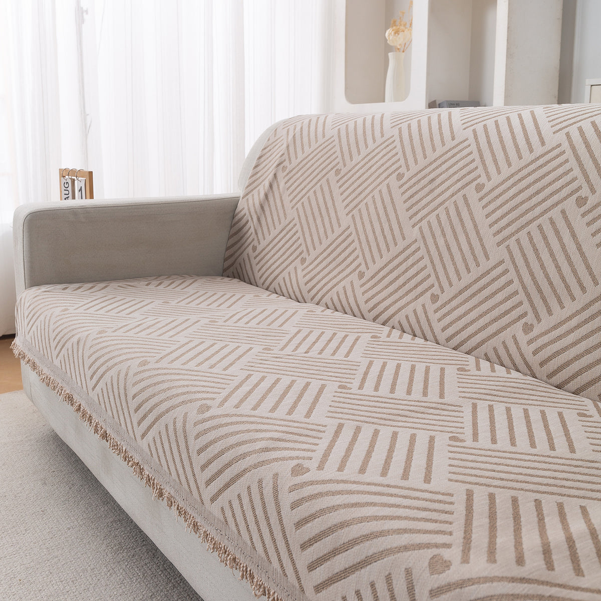 Premium 320 GSM Chenille Sofa Cover 'Serene Abode Series', Beige Geo Weave