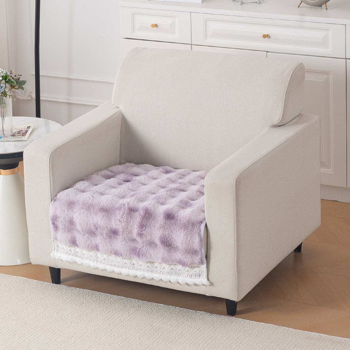 Faux Rabbit Fur Sofa Cover with Lace |Gradient Rabbit Plush, Violet