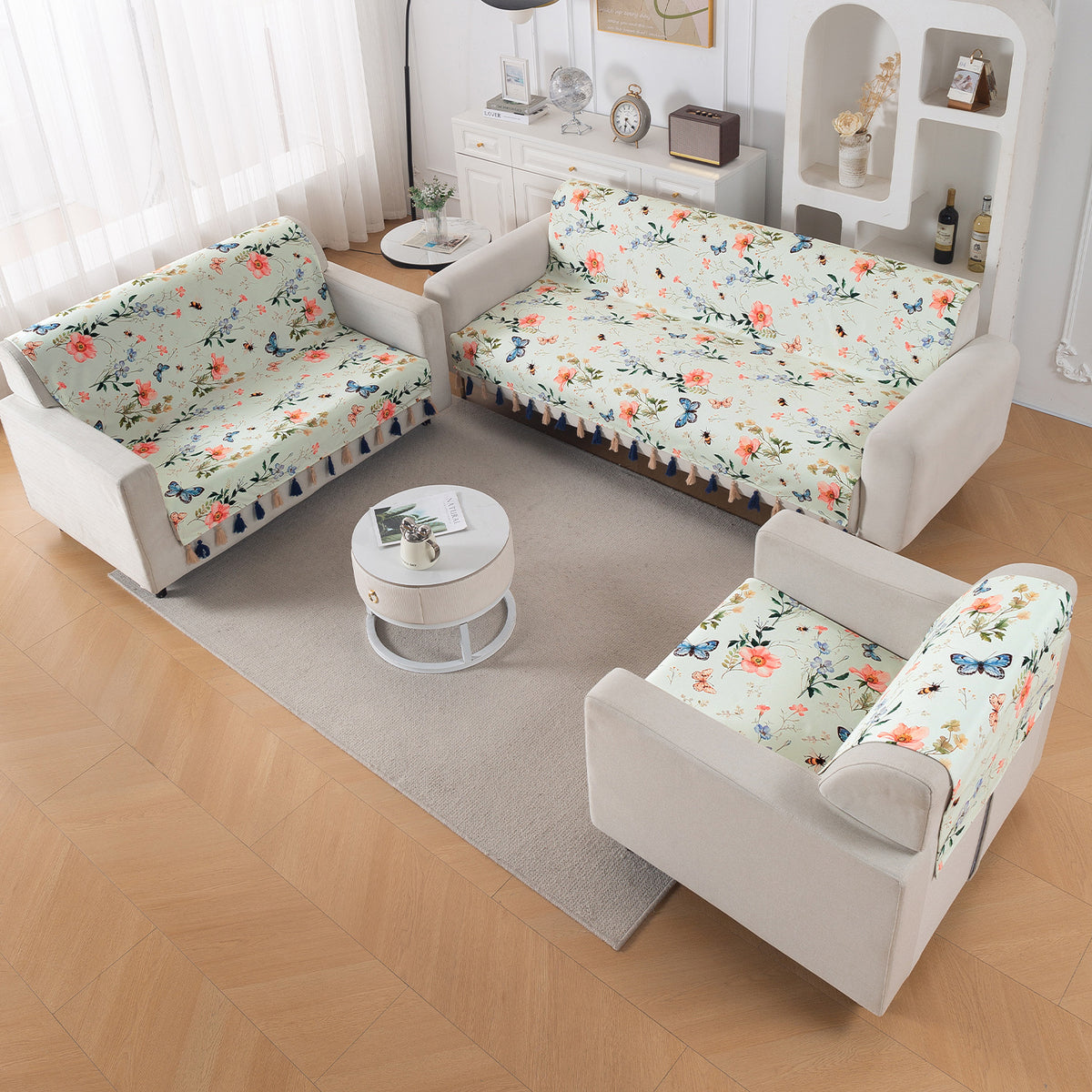 'Whispers of Nature' Series Holland Velvet Sofa Cover with Tassel, Pastel Butterfly Meadow