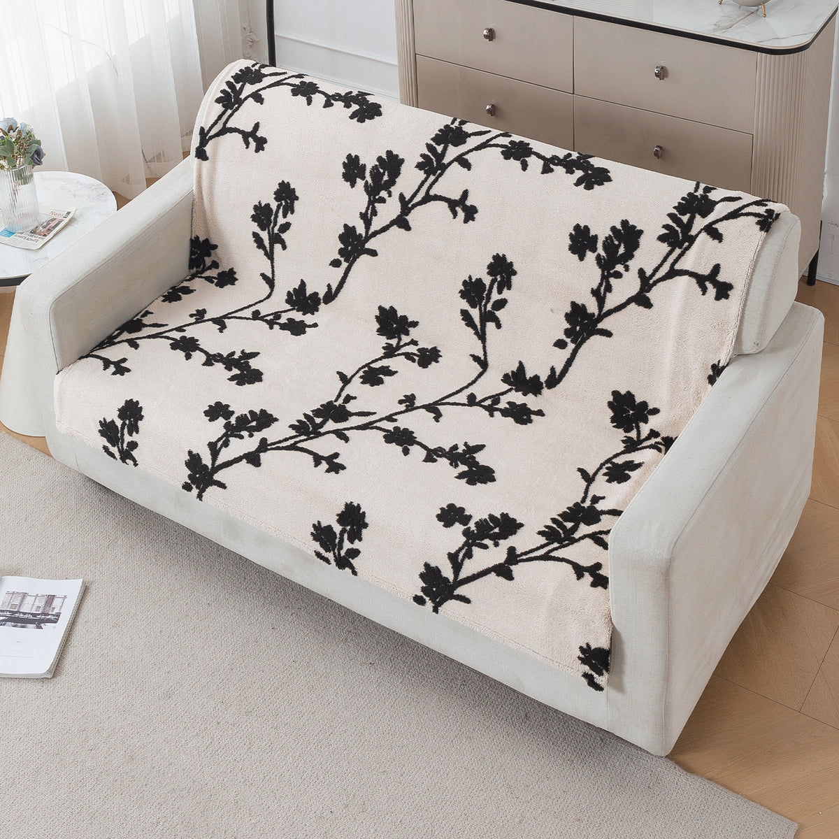 'Noirea Series' Plush Sofa Cover for Seat & Back, Botanical Vine