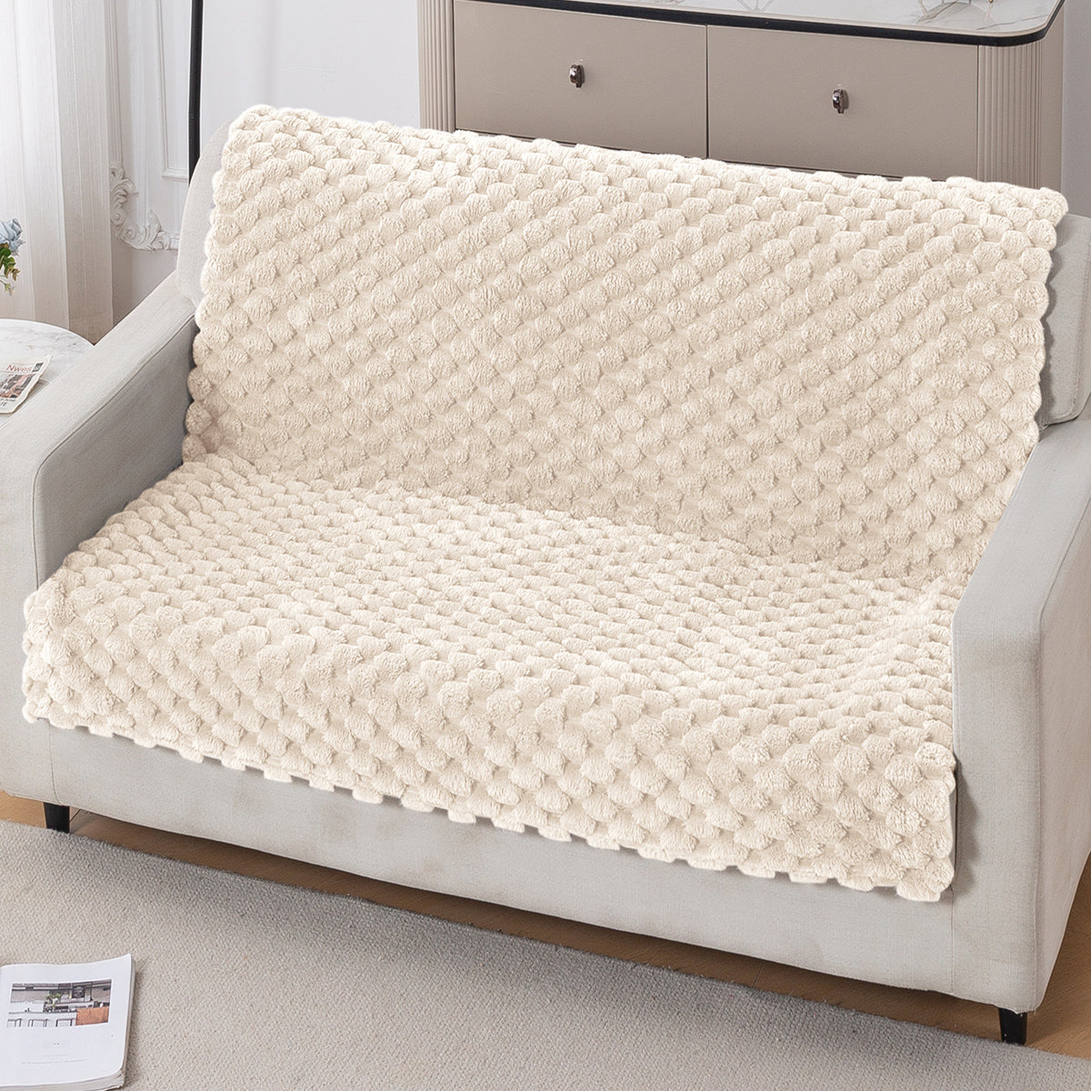 'BunnySoft Series' Plush Sofa Cover Throw for Sofa Seat & Back, Cream
