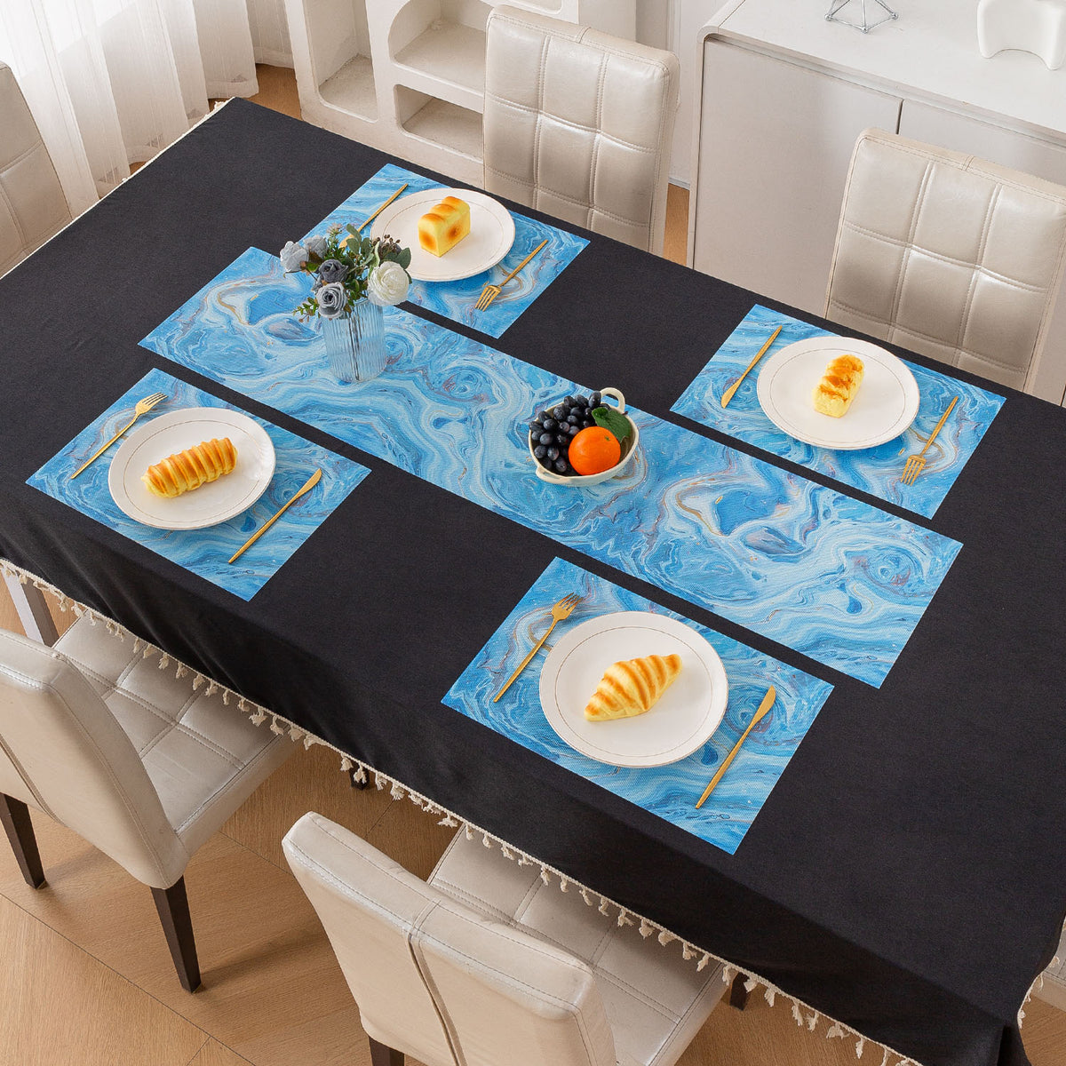 Marble Fusion PVC Mats for Dining Table, Aqua Swirl - Ocean Blue