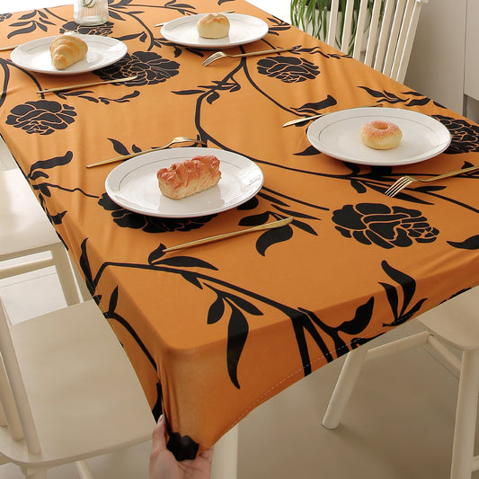 Printed Stretch Fit Water-Repellent & Anti-Slip Table Cloth Cover for 4 Seater / 6 Seater, Copper Brown Floral