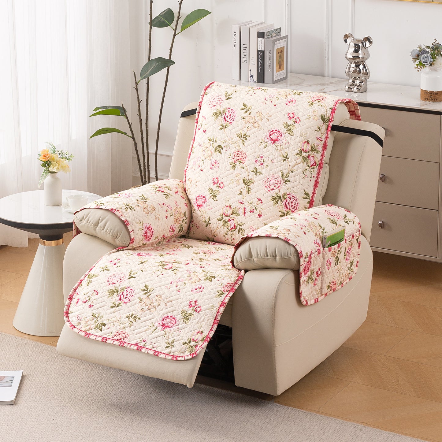 Quilted Cover for Recliner Sofa with SecureFit Belt & Side Pocket, Beige Peonies