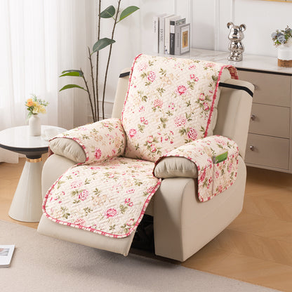 Quilted Cover for Recliner Sofa with SecureFit Belt & Side Pocket, Beige Peonies