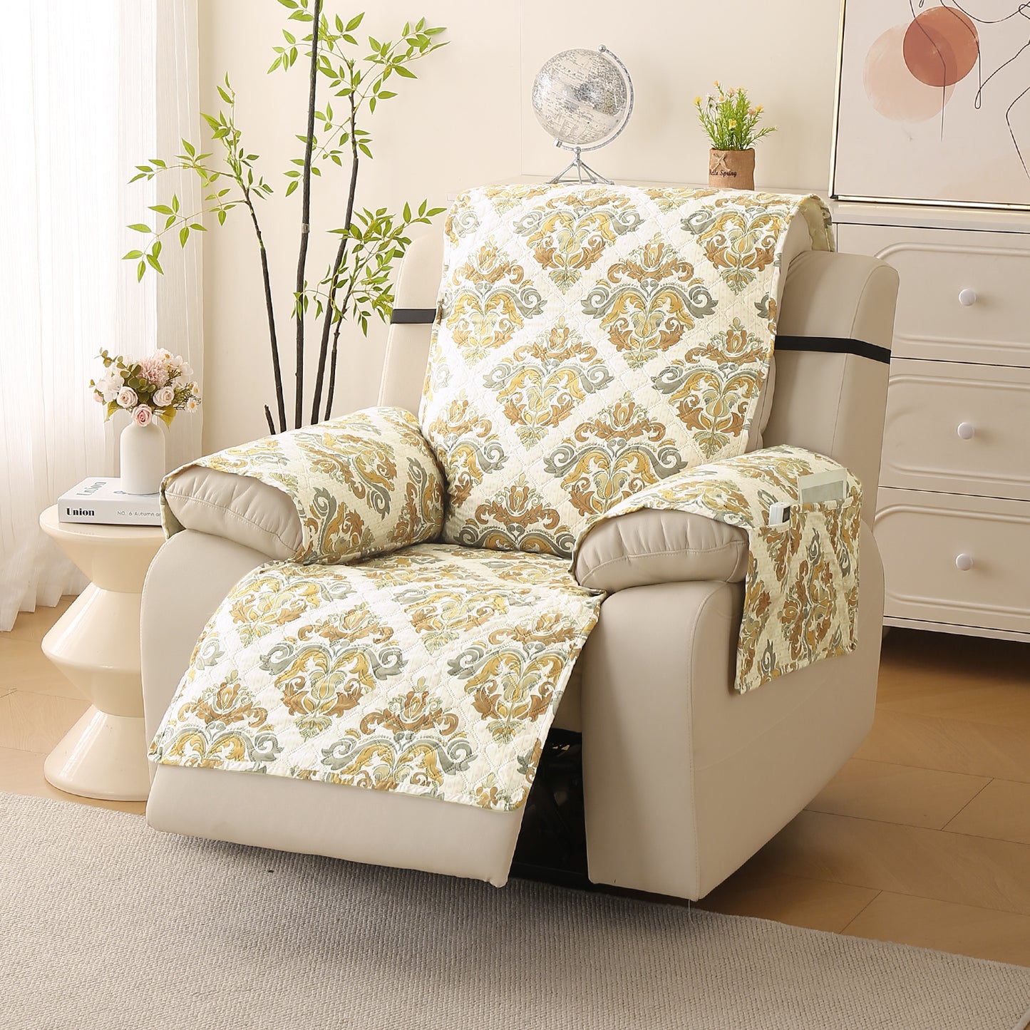 Quilted Printed Recliner Mats for 1 Seater Recliner Sofa, Damask Beige