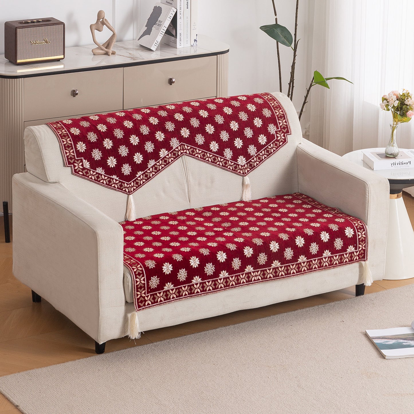 Heritage Weave Premium Jacquard Sofa Cover Set with Tassels -  Crimson Red