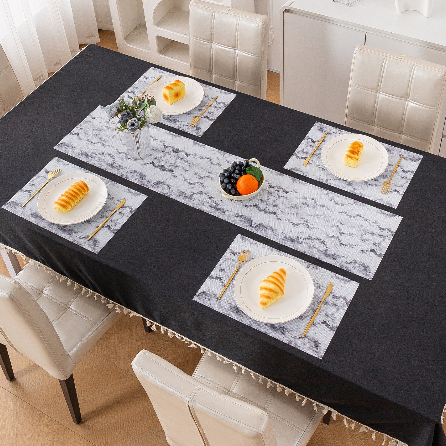 Marble Fusion PVC Mats for Dining Table, Misty Clouds - Spanish Grey