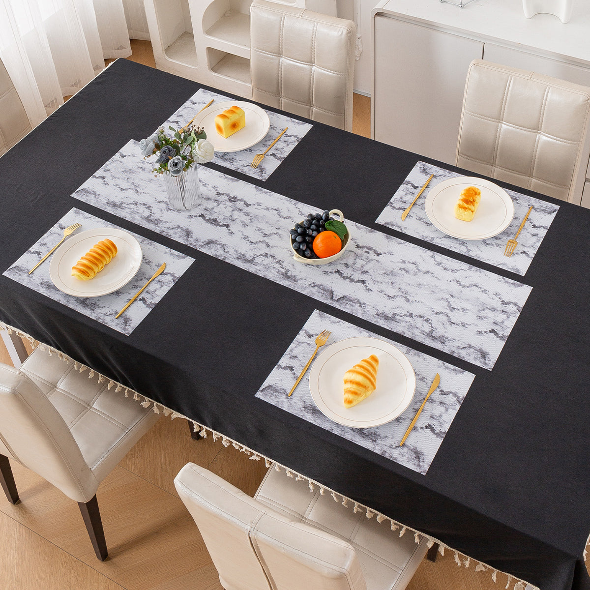 Marble Fusion PVC Mats for Dining Table, Misty Clouds - Spanish Grey
