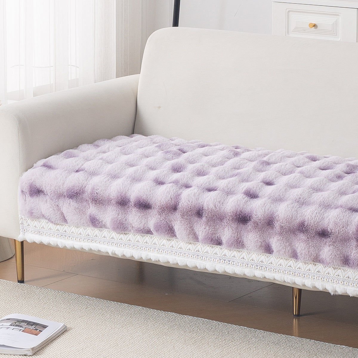 Faux Rabbit Fur Sofa Cover with Lace |Gradient Rabbit Plush, Violet