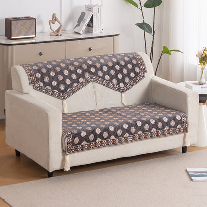 Heritage Weave Premium Jacquard Sofa Cover Set with Tassels - Graphite Grey