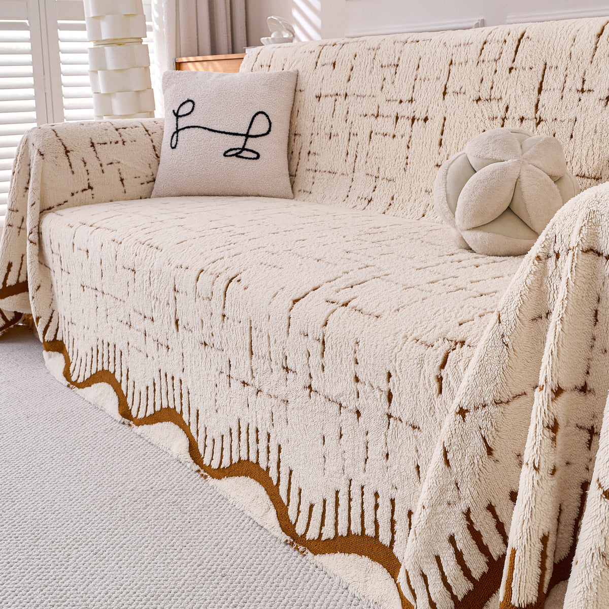 Buy Cream Brown Colour Supple Soft Wavy Plush Sofa Throw – 3 Seater Sofas | HOKIPO
