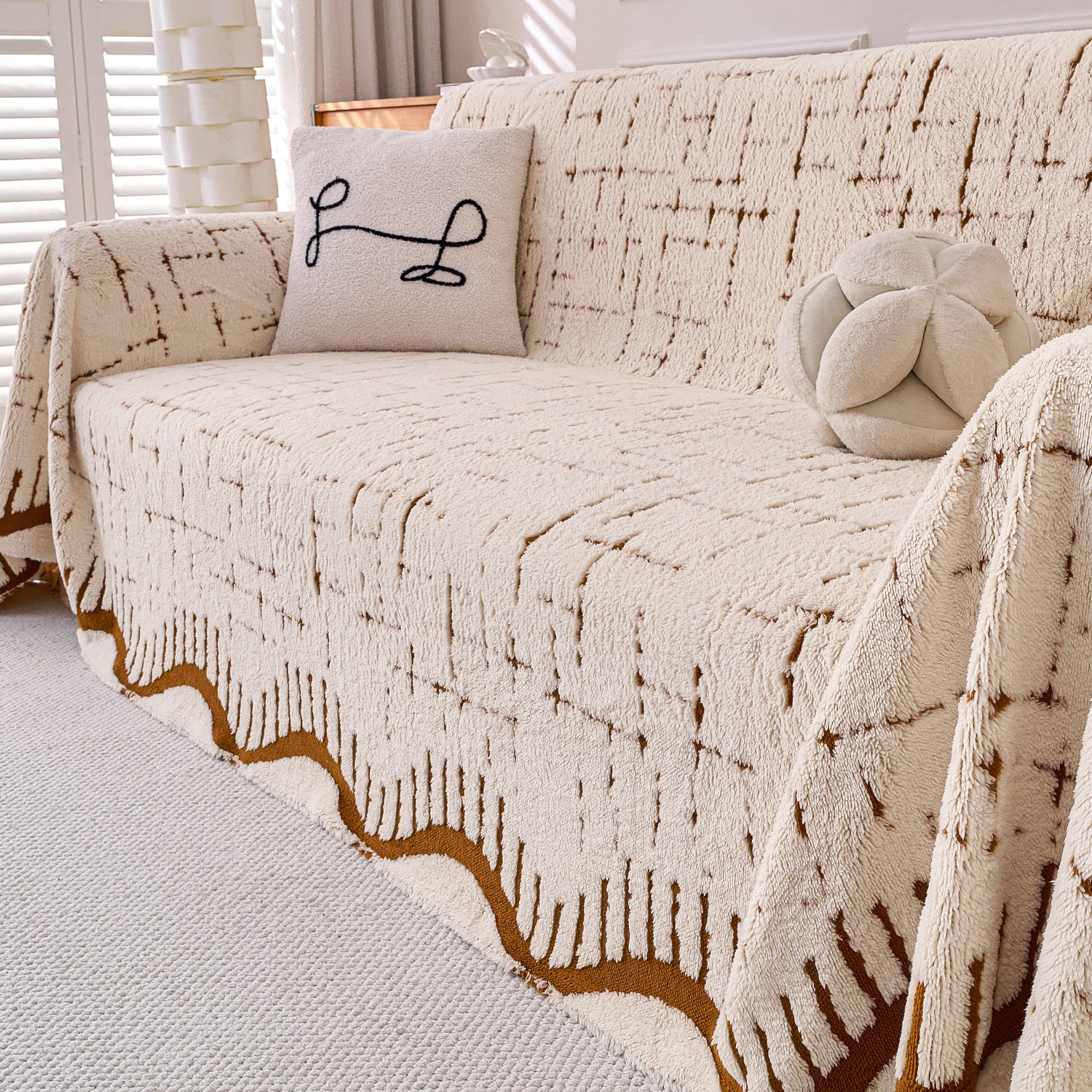 Buy Cream Brown Colour Supple Soft Wavy Plush Sofa Throw – 3 Seater Sofas | HOKIPO