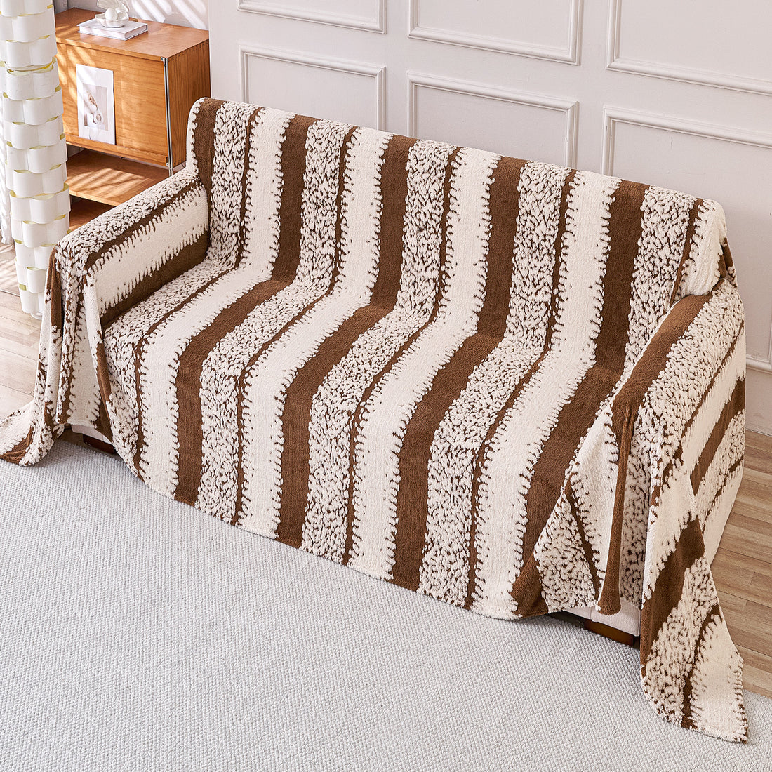 Buy Desert Brown Colour Luxury Wavy Plush Sofa Throw for Complete Sofa | HOKIPO