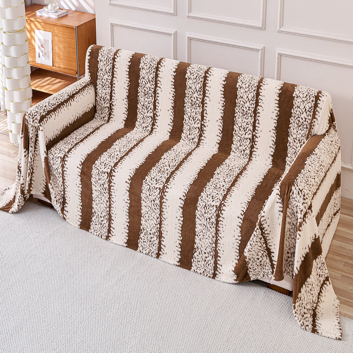 Buy Desert Brown Colour Luxury Wavy Plush Sofa Throw for Complete Sofa | HOKIPO