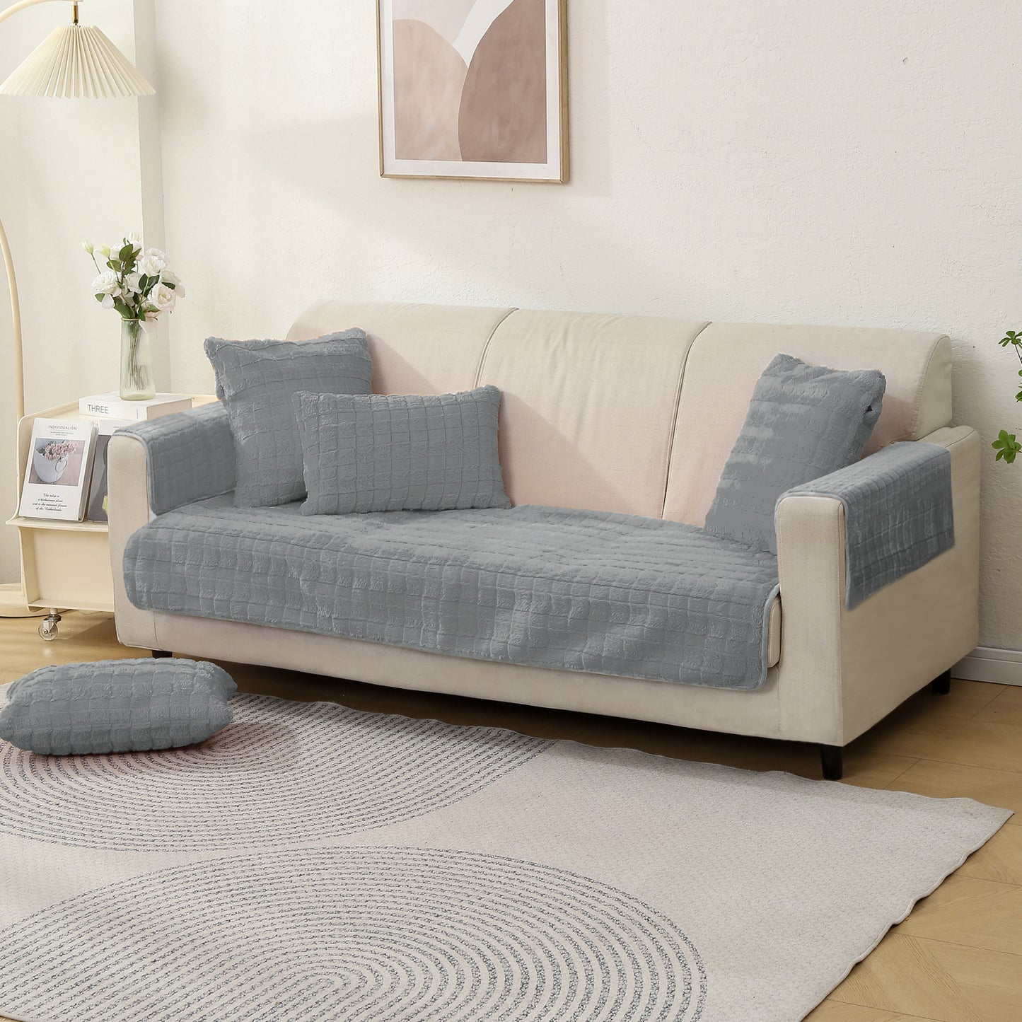 Premium Plush Anti Slip Sofa Cover Mat with 2 Armrest Cover and Cushion Cover, Light Grey