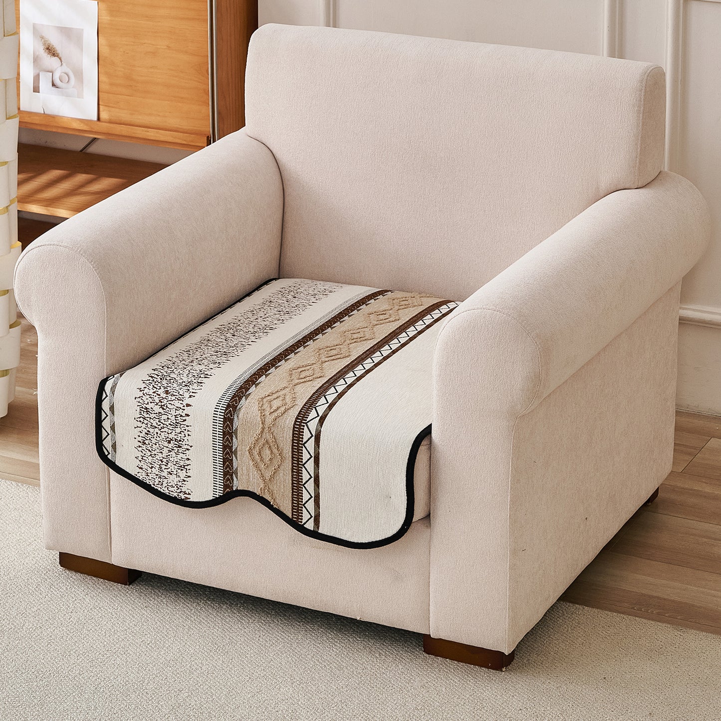 'Valenca Wavy Luxe Series' Boho Geometry Sofa Cover Mat, Brown