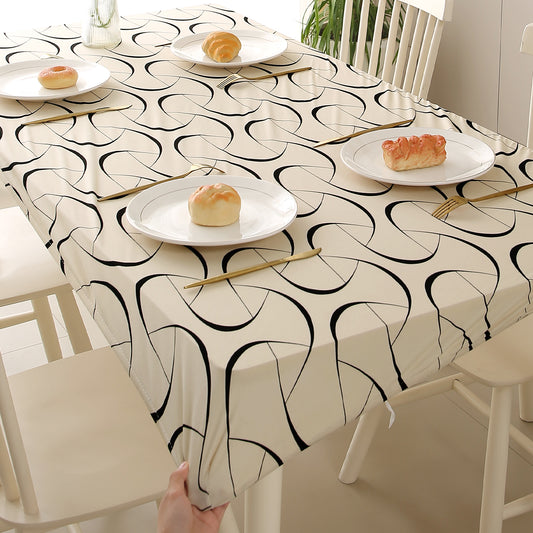 Printed Stretch Fit Water-Repellent & Anti-Slip Table Cloth Cover for 4 Seater / 6 Seater, Natural Beige Abstract Art