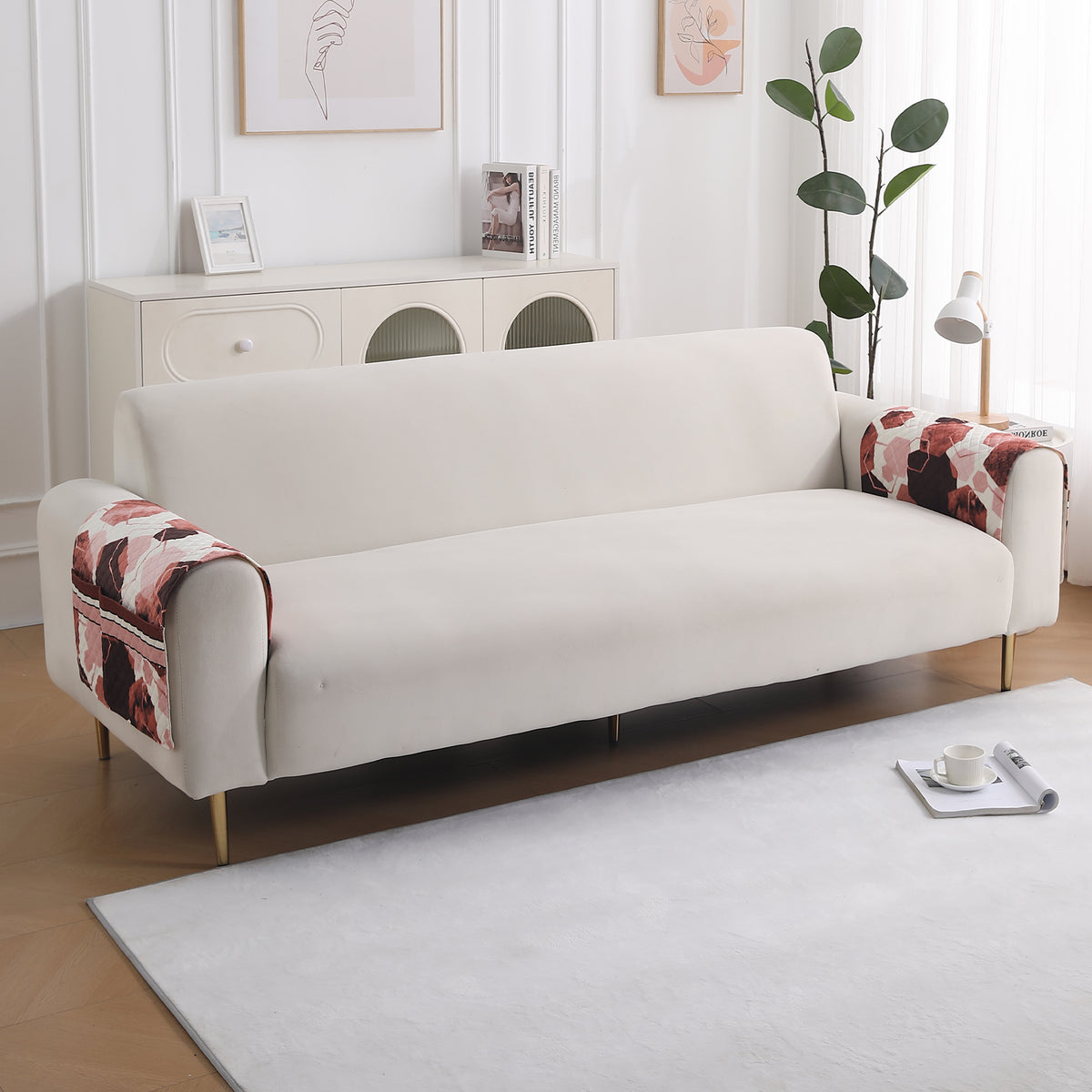 LiefNest Holland Velvet Sofa Cover Mat with Foam Filling - Geometric Hexagon Cider