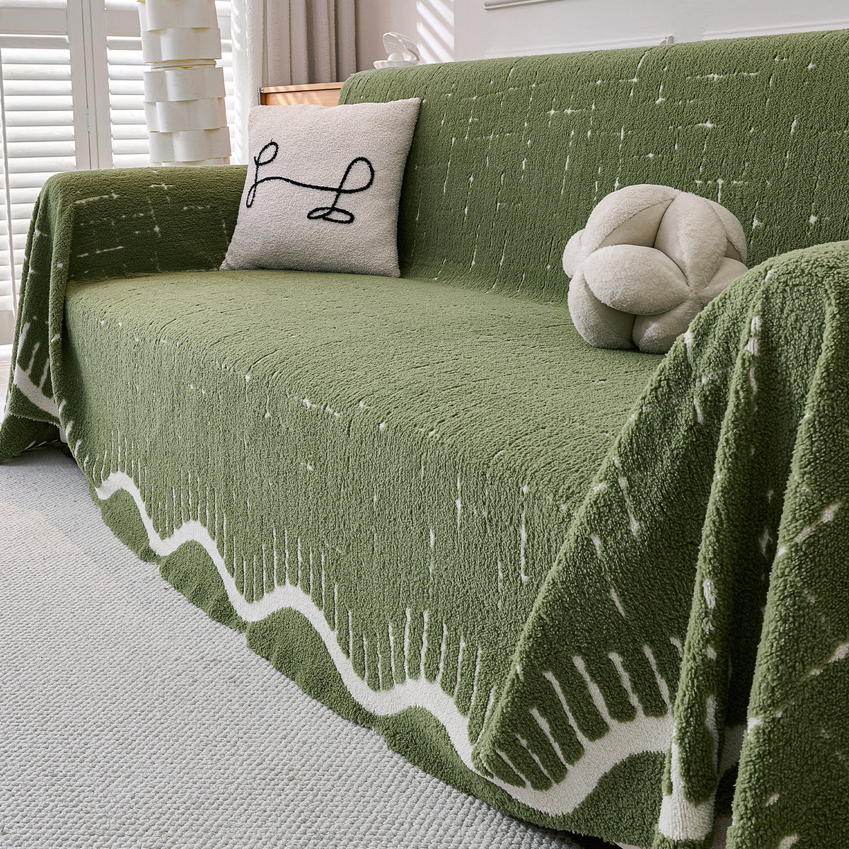 Buy Green Colour Supple Soft Wavy Plush Sofa Throw – 3 Seater Sofas | HOKIPO