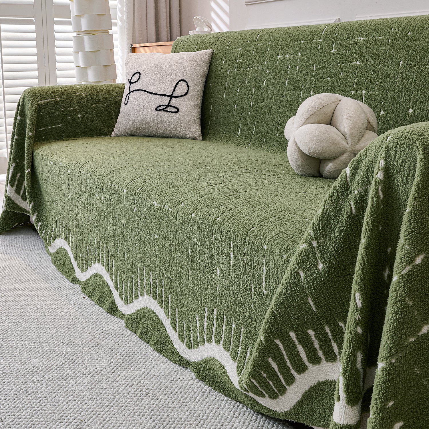 Buy Green Colour Supple Soft Wavy Plush Sofa Throw – 3 Seater Sofas | HOKIPO