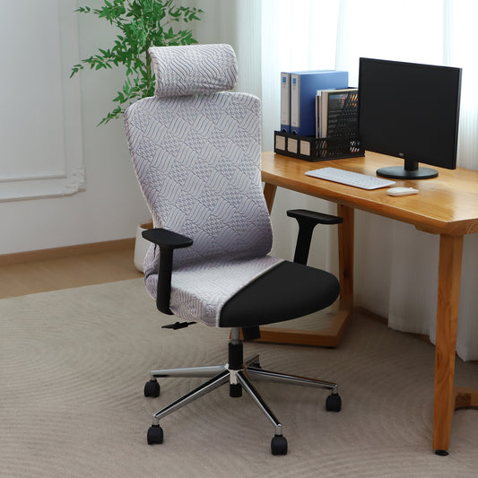 Office Chair Cover with Headrest (High-Back) – 170 GSM Stretch Jacquard – Washable, Anti-Slip Fit for Ergonomic Mesh Office Chairs, Light Grey