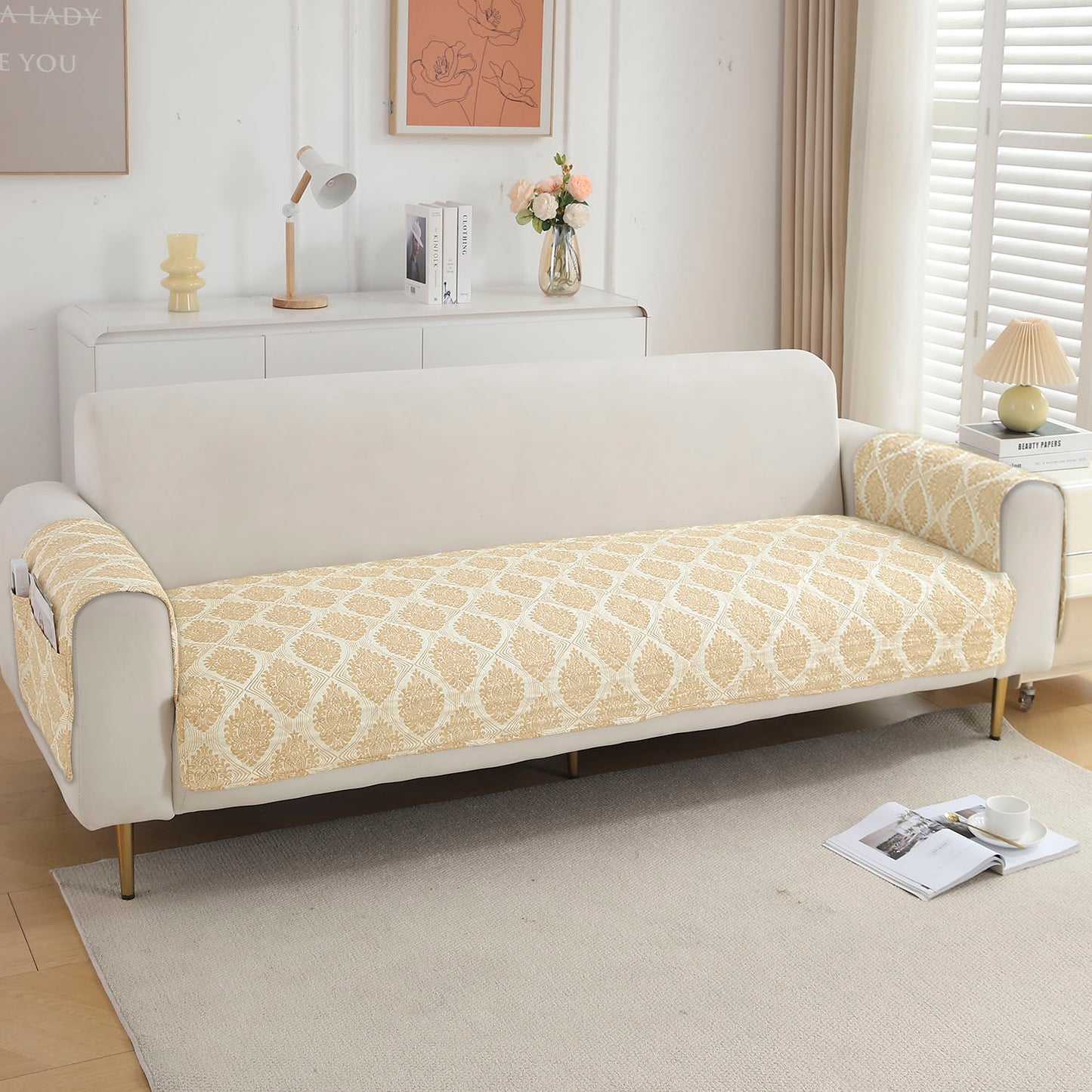Quilted Sofa Seat Mat with Two Armrest Covers with Pockets for 1/2/3 Seater Sofa, Ogee Ivory