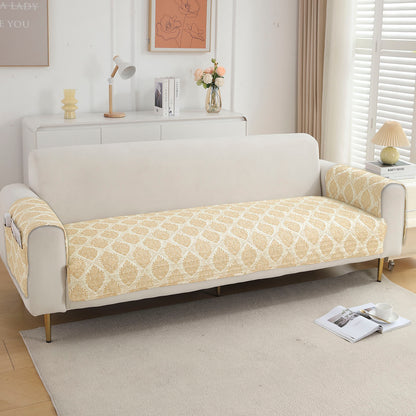 Quilted Sofa Seat Mat with Two Armrest Covers with Pockets for 1/2/3 Seater Sofa, Ogee Ivory