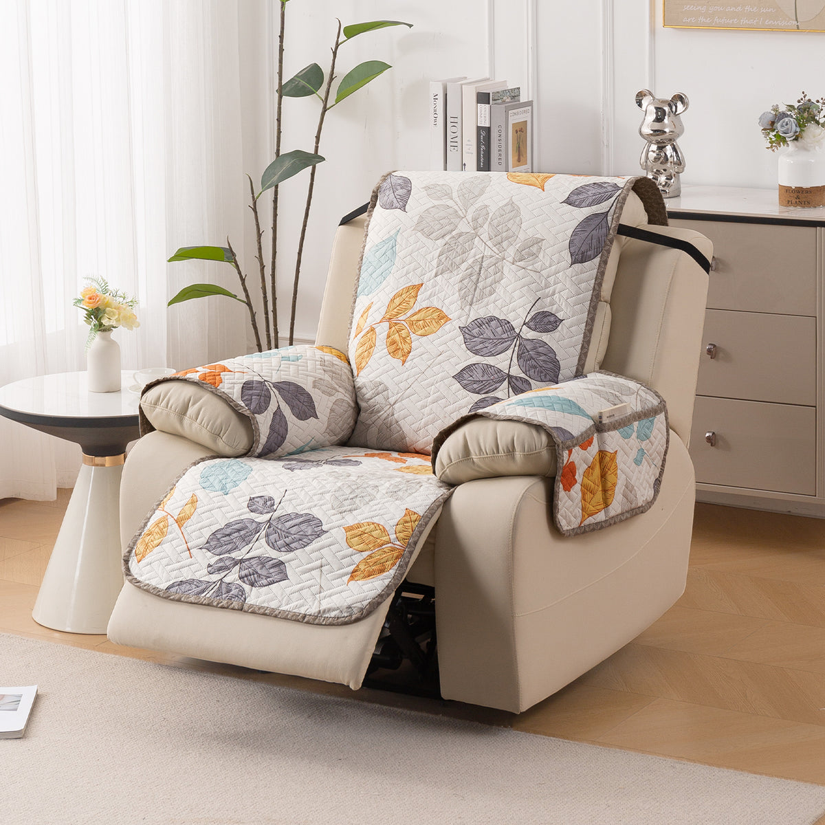 Quilted Cover for Recliner Sofa with SecureFit Belt & Side Pocket, Multicolor Leaves