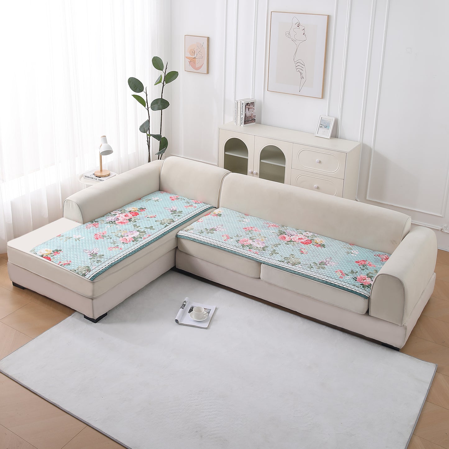LiefNest Printed Holland Velvet L Shape Sofa Seat Mat with Foam Filling - Fresh Floral Pastel Blue